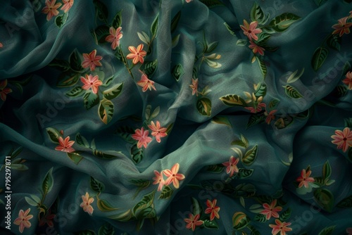 Detailed close-up of teal fabric with embossed floral prints showing texture and depth