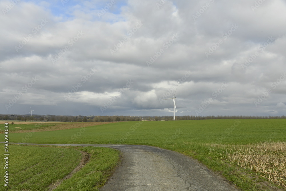 Obraz premium Éolienne se dressant sous un ciel gris dans un paysage rural à Ghislenghien (Ath)