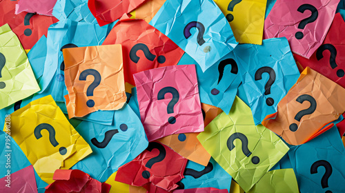 Colorful papers with question marks as background