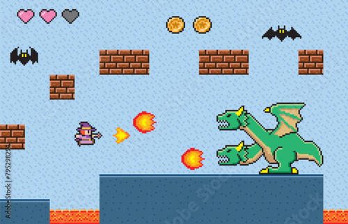 横スクロールゲーム風ドット絵　ドラゴンと魔法使い
