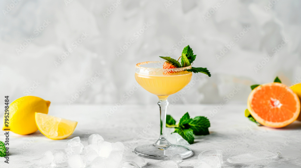 A closeup of a cocktail in a martini glass on a table, featuring Rangpur citrus as the main ingredient. The cocktail garnish adds a touch of fruitiness to the liquid. A closeup of a cocktail in a martini glass on a table, featuring Rangpur citrus as the main ingredient. The cocktail garnish adds a touch of fruitiness to the liquid.