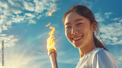 A young smiling Chinese or Korean sportswoman in a sports uniform solemnly carries a torch with the Olympic flame against the background of a blue sky, the opening of the Olympic Games © екатерина лагунова