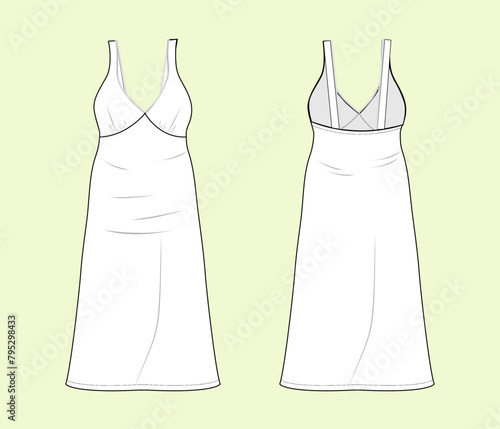 Front and Back View of Ladies' Nightwear Long Dress Fashion Flat Sketch.