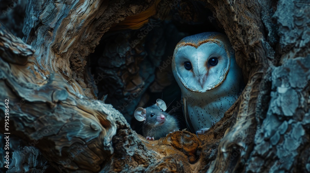 Owl and mouse cozy together inside a tree hollow
