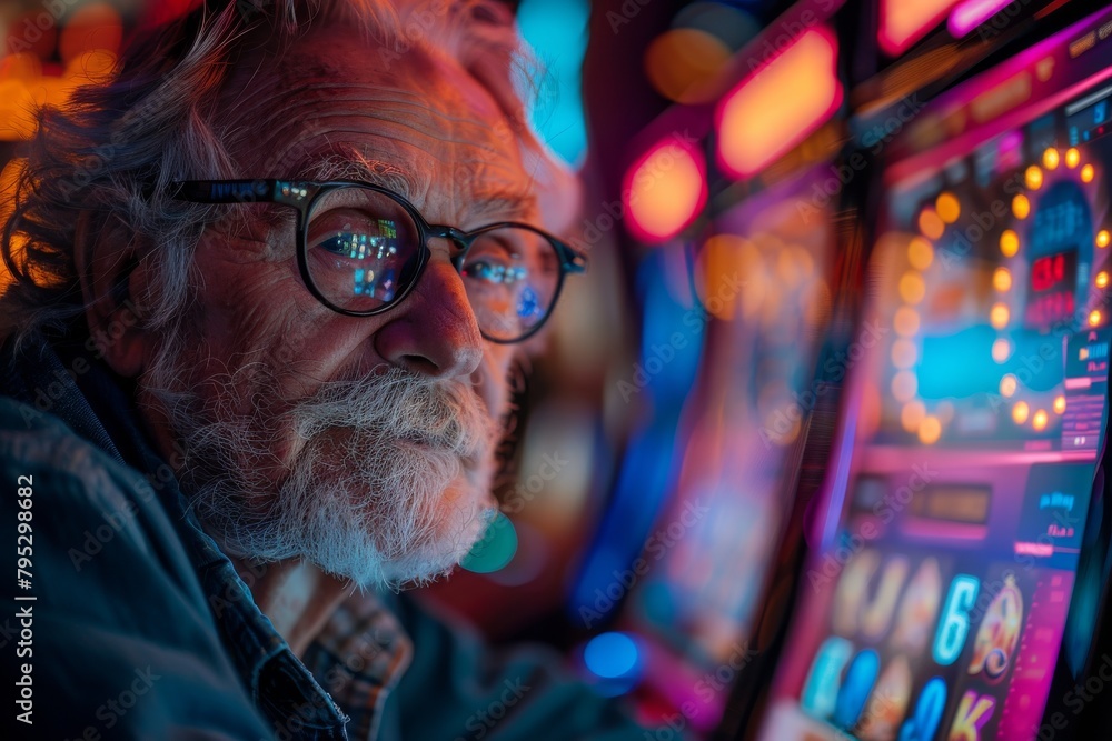 An individual is captured in front of the intense colors and myriad details of arcade style casino games, exuding curiosity and anticipation An individual is captured in front of the intense colors and myriad details of arcade style casino games, exuding curiosity and anticipation