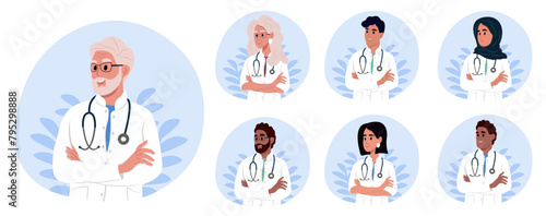 Set of doctors with stethoscope. Smiling therapist, general practitioner with crossed arms. National Doctors' Day.