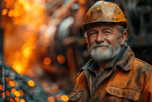 An older male worker in a hardhat has a thoughtful expression against a background of industrial sparkles © Larisa AI