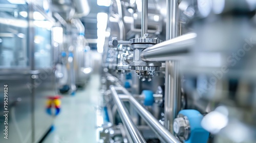 A clean and organized pharmaceutical plant where steel pipelines and valves are part of a sterile environment