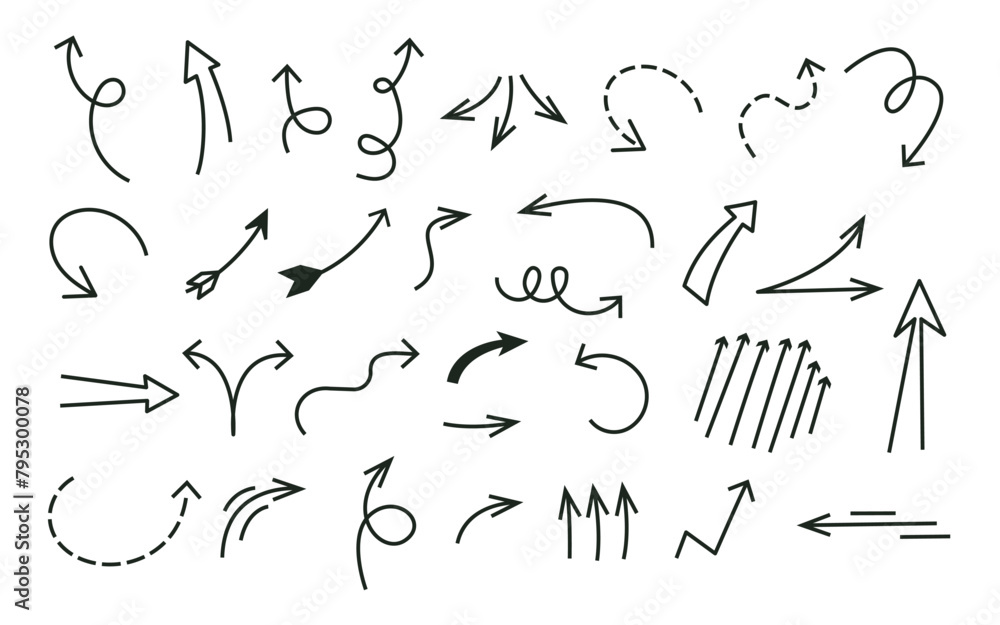 Set of different arrows hand drawn. Anime manga hand drawn effect set. Doodle icons. Collection of pointers. Vector illustration Set of different arrows hand drawn. Anime manga hand drawn effect set. Doodle icons. Collection of pointers. Vector illustration