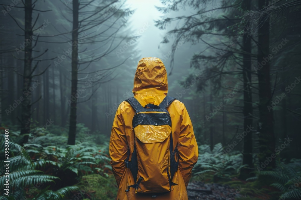 A person stands with their back turned, wearing a yellow raincoat in a misty, moody forest, invoking a sense of solitude and adventure