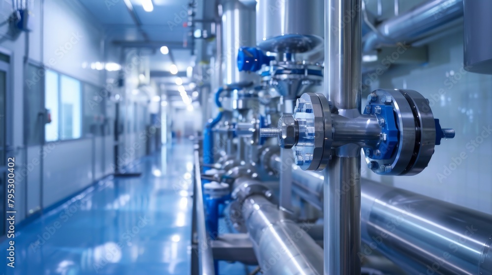 A clean and organized pharmaceutical plant where steel pipelines and valves are part of a sterile environment A clean and organized pharmaceutical plant where steel pipelines and valves are part of a sterile environment