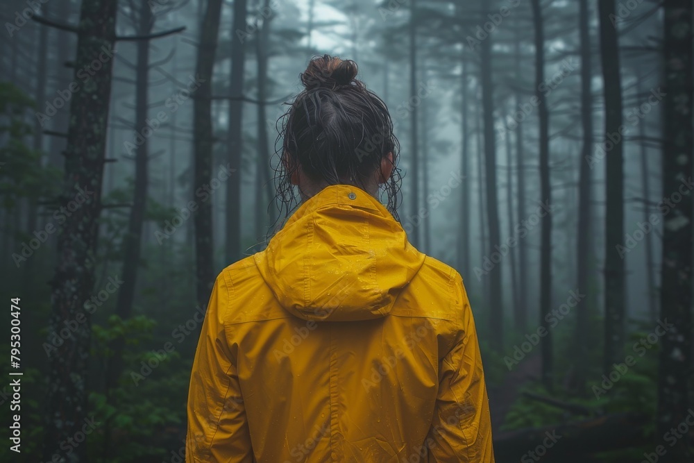 The back view of a person clad in yellow rainwear stands confronting the vast, fog-enshrouded forest, depicting contemplation and adventure The back view of a person clad in yellow rainwear stands confronting the vast, fog-enshrouded forest, depicting contemplation and adventure