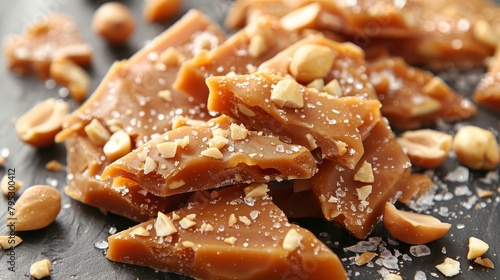 Hand breaking peanut brittle, showcasing textured shards and peanuts for a satisfying crunch. photo