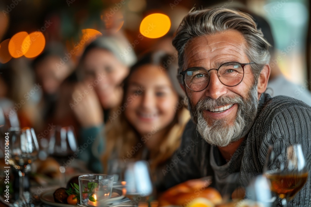 A charming elderly man with glasses smiles sincerely at a family gathering, surrounded by loved ones A charming elderly man with glasses smiles sincerely at a family gathering, surrounded by loved ones