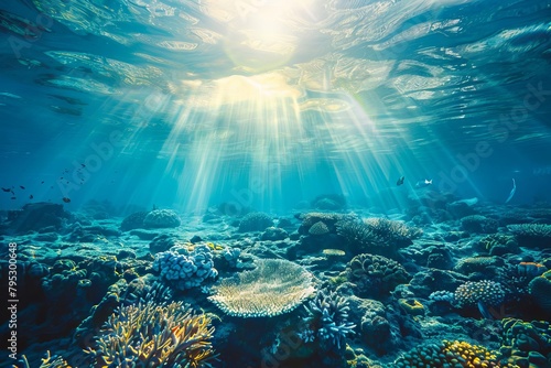tropical underwater landscape with sunbeams and coral reef vivid aquatic scene © Lucija