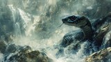 King Cobra Emerging from Misty Asian Mountain Waterfall in Digital Painting