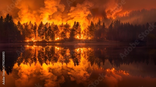 Fiery Reflection A Dramatic Contrast of Raging Flames and Tranquil Lake in the Wilderness © doraclub