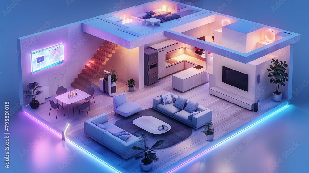 3d rendering of a modern living room with furniture and lights. Generative ai