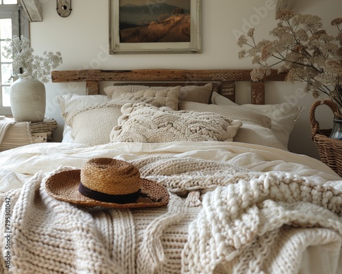 A cozy bedroom with a straw hat on the bed