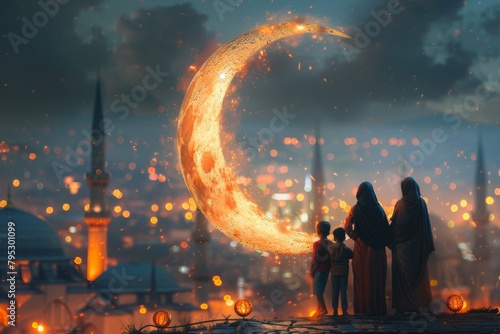 Abstract illustration of Eid holiday with a silhouette of a Turkish family against the background of a huge bright crescent moon and a solemnly illuminated eastern city.
