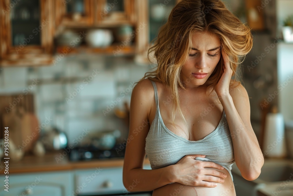 A young woman in a casual tank top appears to be having stomach pain or discomfort in a modern kitchen