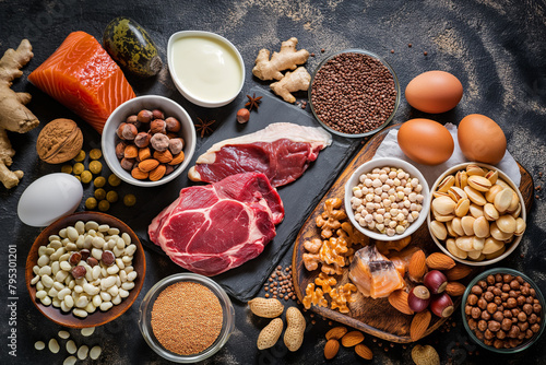 Assortment of protein-rich foods is artfully displayed on a dark textured