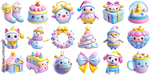 Colorful Assortment of Kawaii 3D Icon Set Characters and Cute Christmas Object Illustrations