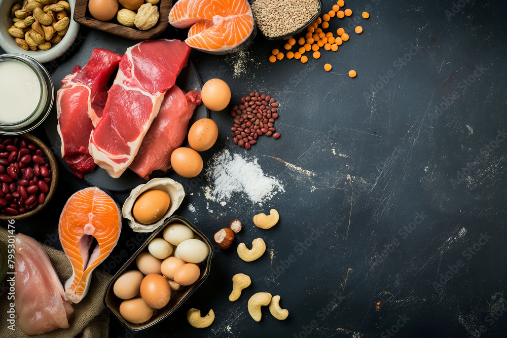 Assortment of protein-rich foods is artfully displayed on a dark textured Assortment of protein-rich foods is artfully displayed on a dark textured