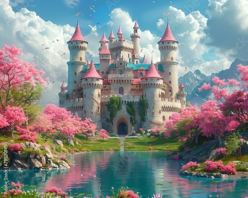 A beautiful pink castle with blue accents, surrounded by a moat and pink trees in full bloom.