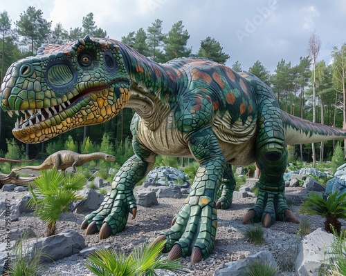 A realistic model of a green and brown dinosaur standing in a rocky field with trees in the background. © Lucky_jl