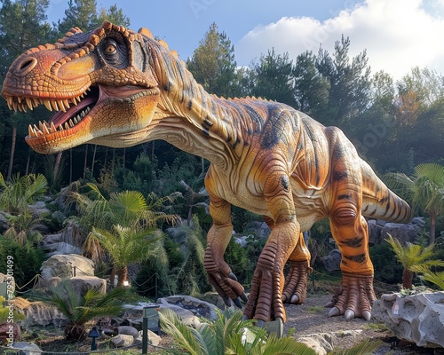 A realistic rendering of a brown and orange Tyrannosaurus Rex standing in a lush prehistoric forest