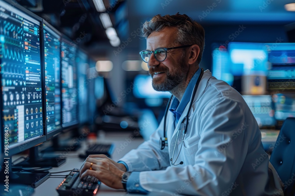 A medical professional analyzing information on high-tech screens in an advanced hospital control room A medical professional analyzing information on high-tech screens in an advanced hospital control room