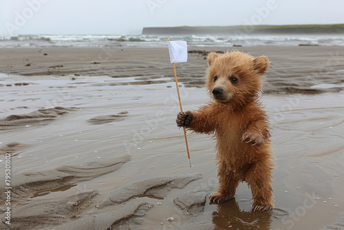 A carnivorous brown bear, possibly a grizzly or Kodiak bear, is standing on a rock next to a white flag. This terrestrial animal with a snout and fur seems to be near water, possibly a waterfall