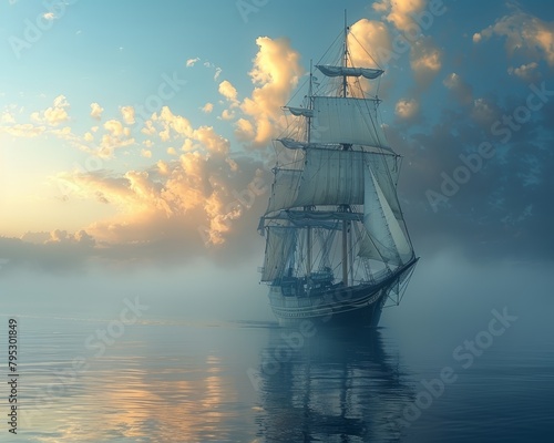 A beautiful painting of a tall ship sailing on a calm sea.