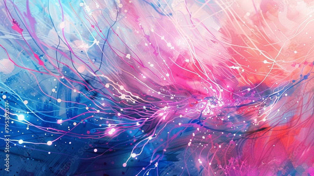 A dreamy watercolor scene showing a glowing fiber optic network, with light streaming through cables in vibrant hues of pink and blue A dreamy watercolor scene showing a glowing fiber optic network, with light streaming through cables in vibrant hues of pink and blue