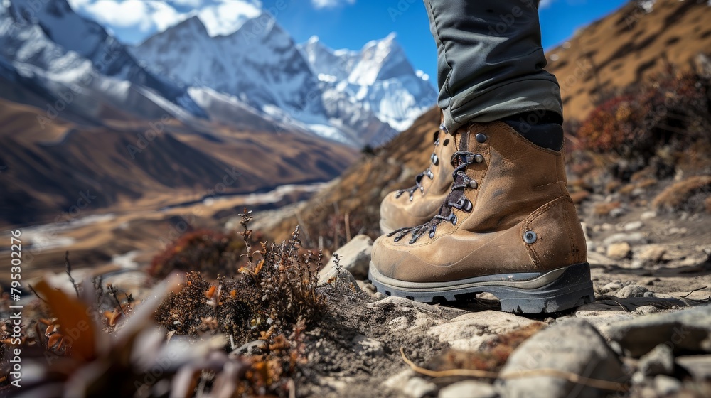 A close-up of a solo hiker's boots on the rugged trails of the Himalayas A close-up of a solo hiker's boots on the rugged trails of the Himalayas