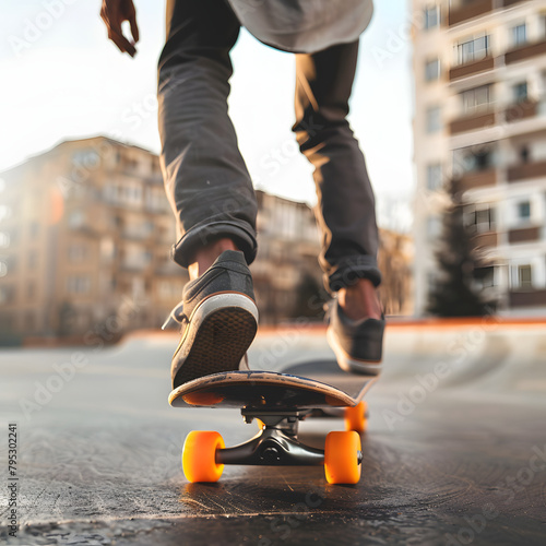 Portrait of teenager skateboarding on street, Close-up on sneakers.