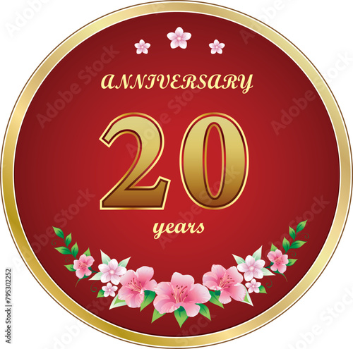 20th Anniversary Celebration. Background design with creative numbers and floral pattern in round golden frame. Vector illustration