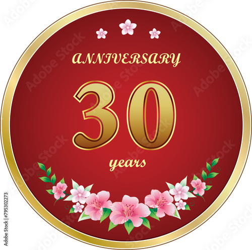 30th Anniversary Celebration. Background design with creative numbers and floral pattern in round golden frame. Vector illustration