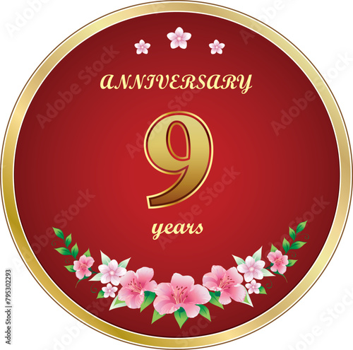 9th Anniversary Celebration. Background design with creative numbers and floral pattern in round golden frame. Vector illustration
