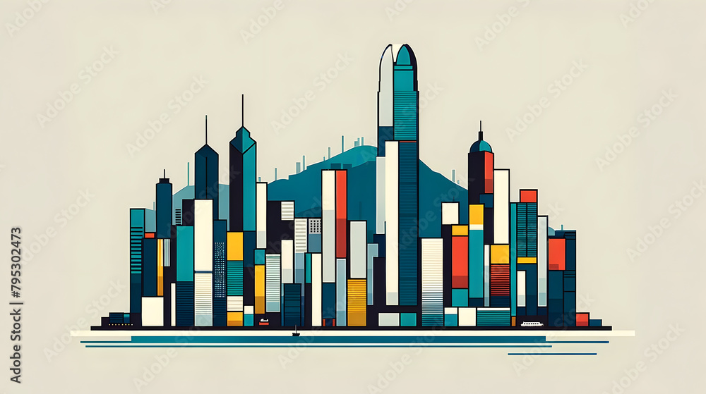 Hong Kong Cityscape Minimalism Abstract Geographic Illustration Pop Art 