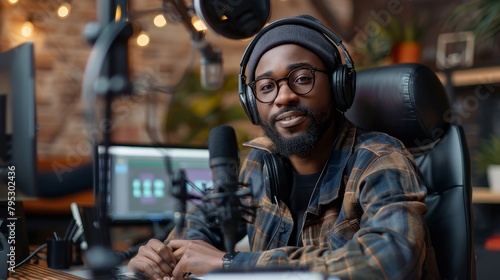 A young black man wearing headphones and glasses smiles while sitting in a recording studio.