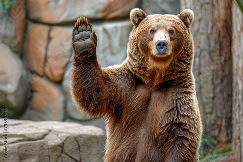 A brown bear stands erect, arms wide, in a natural landscape