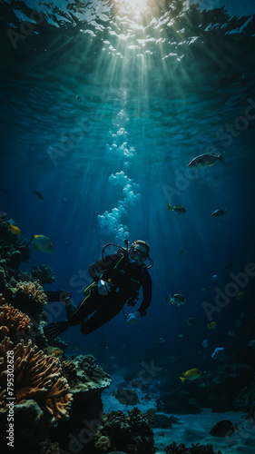 World Ocean Day Deep Blue Ocean Diver and Fishes Background