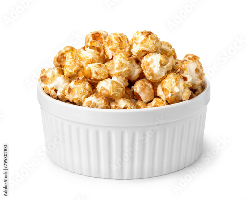 Fresh caramel popcorn in ceramic bowl