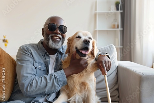 A blind african american man with sunglasses sitting on the couch hugging his dog