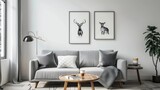 /imagine: prompt living room with gray sofa, coffee table, plant, lamp, and two deer framed prints on the wall