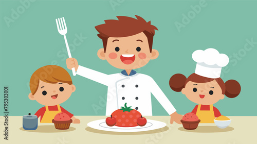 A junior chef confidently plates a dish of spaghetti and meatballs using tongs to carefully arrange each meatball on the mound of pasta. The