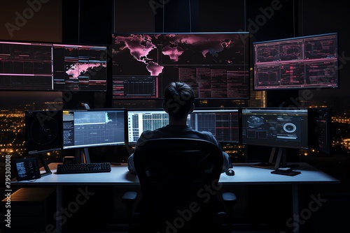 A cybersecurity expert analyzing realtime threat data on multiple monitors in a dark, sophisticated command center with interactive maps and code running photo