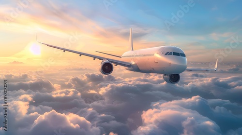 In a blue daytime sky, a plane is flying at high altitudes, soaring above the clouds serenely.